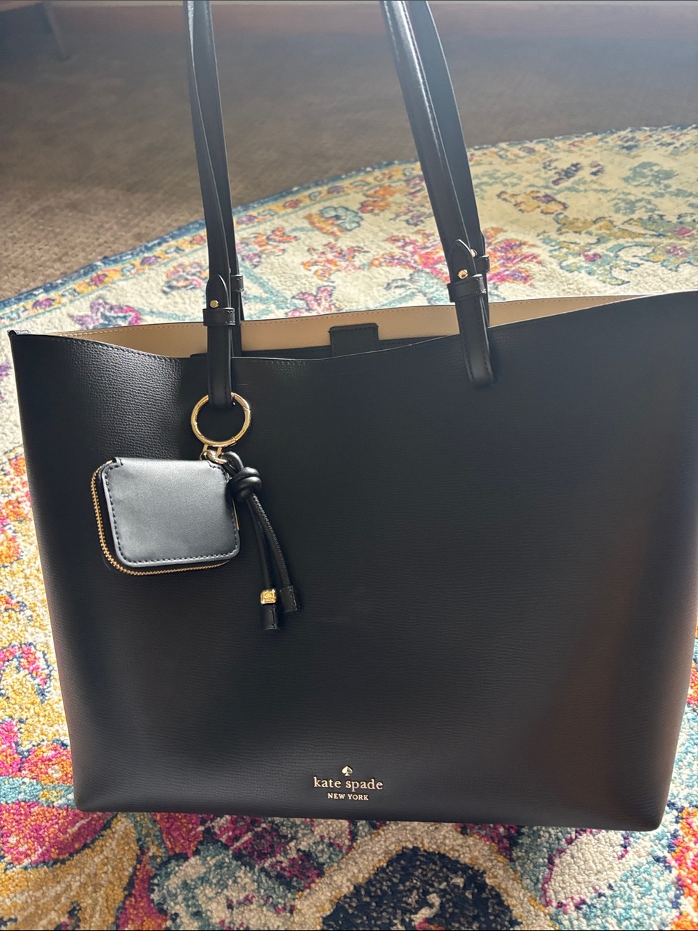 kate spade Black Leather Tote with Zip Pouch and Tassel